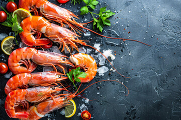 Wall Mural - Fresh shrimp on a white plate with ice, served as a delicious seafood dish