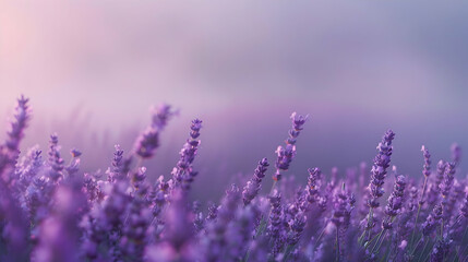Sticker - Early morning mist rolling over a lavender field, soft focus technique to create a dreamlike quality emphasizing the pastel colors