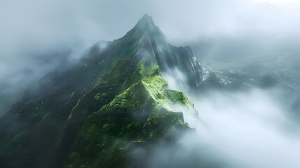 Wall Mural - Early morning mist swirling around a mountain peak, captured from a high vantage point to show the layers of hills and light play
