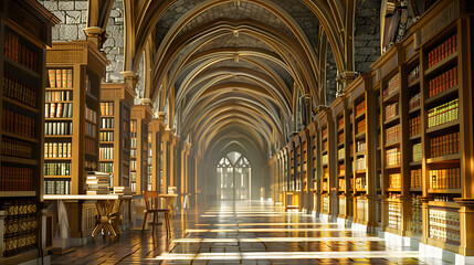  Majestic Library Hall Illuminated by Sunlight, Featuring Ornate Arched Bookcases
