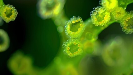 Canvas Print - Detailed closeup of a tiny brightly colored algae species known to cause harmful algal blooms and discoloration in water bodies. . AI generation.