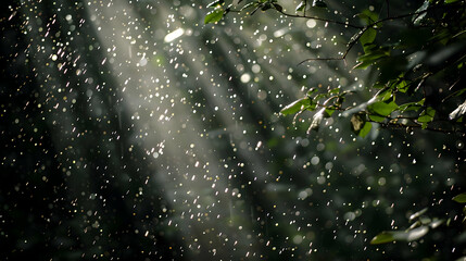 Sticker - Sunbeams piercing through a dense forest during a rainy morning, long exposure to capture the rays and glistening wet leaves