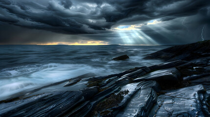 Wall Mural - Sunlight filtering through a break in storm clouds over a rocky coastline, HDR photography to capture the intense contrast between light and shadow