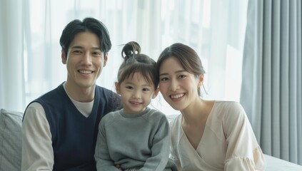 A young Japanese couple and their daughter, all smiling at the camera. Loving mother and father with kids enjoying time together at home sofa