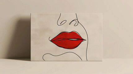 Wall Mural - Woman face lips mouth vector lineart illustration with red lips Woman Line Art Minimalist Logo for wall decoration, postcard or brochure cover design. business portrait