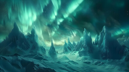 Wall Mural - The green and blue undulations of northern lights over a snowy landscape, long exposure to capture the dynamic movements and vivid colors
