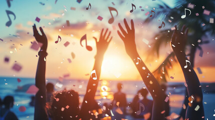 Sunset party vibes with confetti notes ideal for social media event highlights