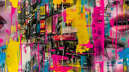 Wall Mural - generative ai, grunge pink and yellow collage poster with asian cityscape, anime style, different mi