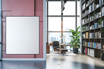 Wall Mural - Modern light office with blank mock up banner on wall, shelves or library interior with workplace, window and city view. 3D Rendering.