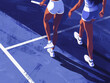Illustration of two runners in a relay race passing the baton on a track.