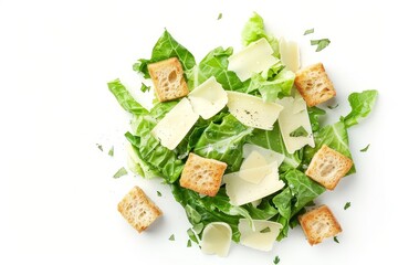 Wall Mural - Organic caesar salad with cheese and croutons isolated on white