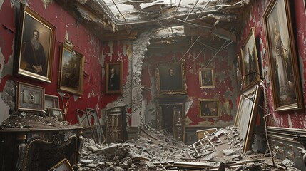 Canvas Print - A Baroque-style portrait gallery, now in ruins, with paintings surviving amidst a backdrop of devastation, in baroque faded crimson and apocalyptic grey