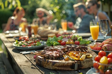 appetizing grilled meat and fresh salads on outdoor dinner table happy people enjoying backyard bbq party