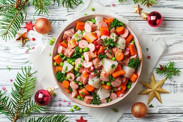 Wall Mural - Russian New Year salad with vegetables and sausage in bowl on wooden background top view