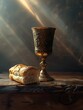 Chalice and bread on a rustic wooden table in a solemn and sacred setting, bathed in divine sunlight