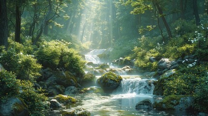 Wall Mural - Tranquil mountain brook meanders amid verdant woods