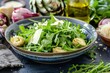 Salad bowl with arugula artichokes and parmesan on table
