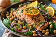 Salmon salad with citrus fruits legumes and onion