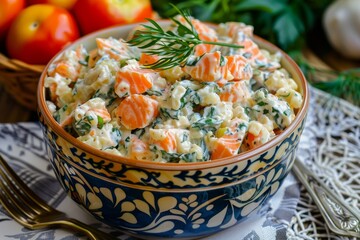 Wall Mural - Salmon Olivieh a Russian twist on a classic salad