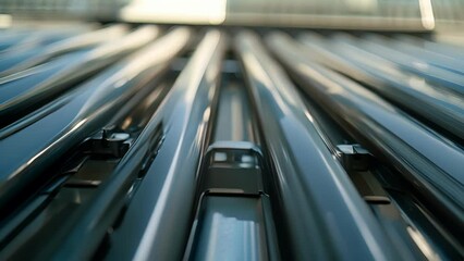 Poster - A closeup of a solar water heater system with pipes and tubes attached to a large panel covered in sleek black glass. The design is . .