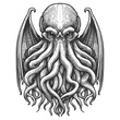 mythical creature Cthulhu, with prominent tentacles and outstretched wings sketch engraving generative ai fictional character vector illustration. Scratch board imitation. Black and white image.