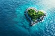  An aerial view of a heart-shaped island blanketed with lush greenery amidst the turquoise embrace of the sea