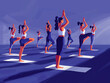 © neatlynatly - A group of people practicing yoga poses in a class setting with a blue color theme.