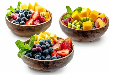 Wall Mural - Bowls with delicious fruit salads on white surface