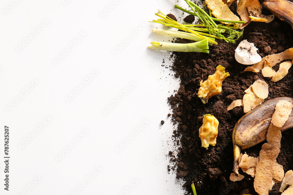 Organic waste and soil on white background. Compost recycling concept