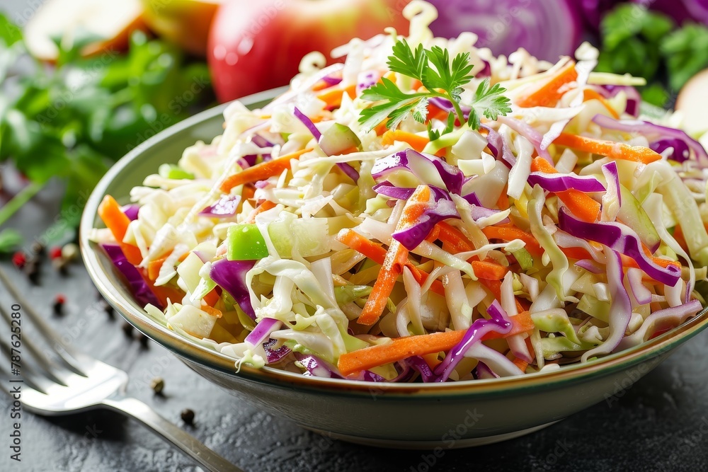 Cabbage carrot celery onion and apple coleslaw in a bowl