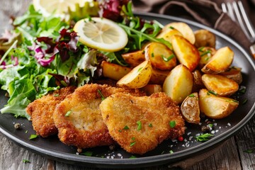 Wall Mural - Close up horizontal photo of pork schnitzel salad and fried potatoes on a plate