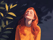 Illustration of a woman with red hair basking in sunlight amidst foliage shadows.