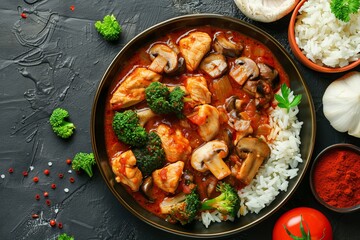Wall Mural - Chicken fillet with mushrooms in tomato sauce broccoli rice Healthy meal for a balanced diet