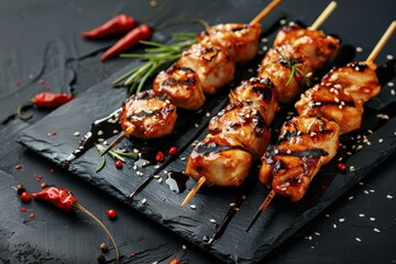 Sticker - Chicken skewers with yakitori sauce on slate with dark background