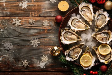 Sticker - Christmas oysters on rustic wooden table with lemon vintage dish Top view