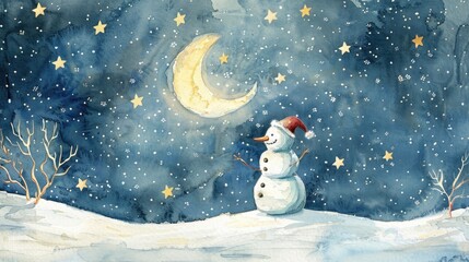 Sticker - Winter watercolor set featuring a snowman Christmas moon and stars