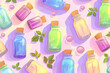 Bright colorful background made of bottles of aromatherapy essential oil and plant leaves