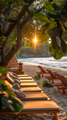 Wall Mural - Caribbean Beach.Paradise. Vacation and Tourism concept. Sunbeds and Palm tree