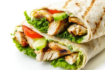 Wall Mural - Fresh Shawarma sandwich with grilled chicken salad and white sauce isolated on white background