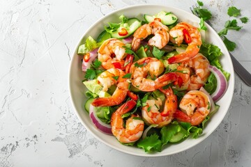 Poster - Fresh shrimp salad on white background top view