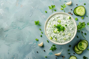 Wall Mural - Garlic or cucumber dip on blue plate top view