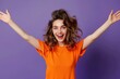 Close up photo of pretty cheerful lady stylish orange clothes arm direct empty space beauty procedure isolated on one color background - generative ai