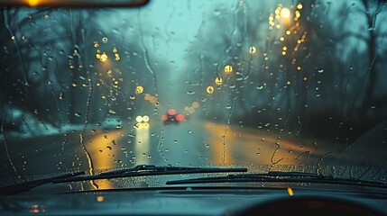 Wall Mural - a car windshield with rain drops on it