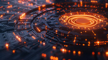 An Open Circuit Board With Orange Led Lights In A Style That Merges Circular Abstraction, Social Network Analysis, And Sunrays Shining Upon It.