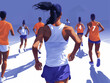 Illustration of a group of runners competing in a race, with a focus on a female athlete leading the pack.