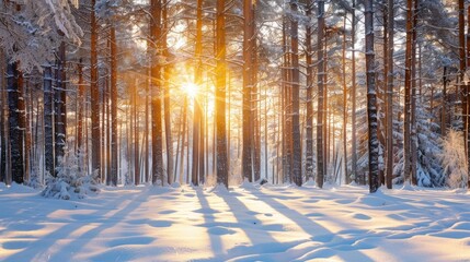 Sticker - The sight of the sun peeking through the trees brings a glimmer of hope for spring in the midst of winter A snowy scene of pine forest with sunlight filtering through