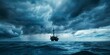 Offshore oil rig in stormy sea, high contrast, dramatic clouds, low angle, dark blue tones. 
