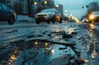 damaged asphalt road with potholes in city at evening infrastructure issues
