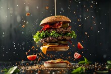 Deconstructed Double Cheeseburger With Exploding Ingredients Flying Bun Meat And Vegetables Creative Photo