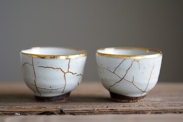 Kintsugi technique antique Japanese cups set with gold cracks